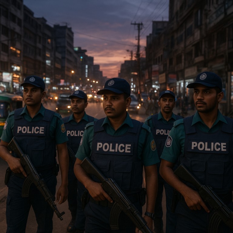 Police officers patrolling streets in Dhaka at dusk