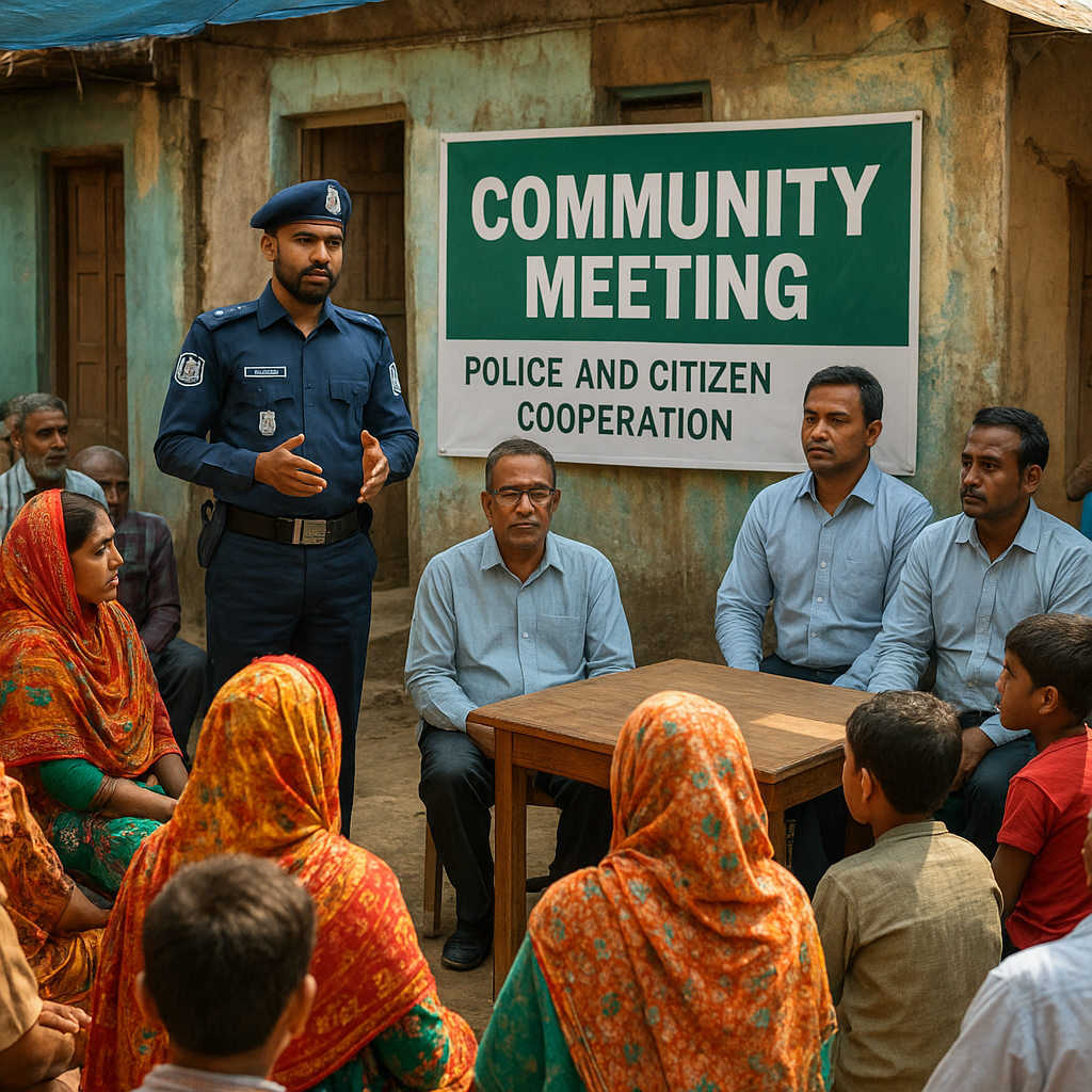 Community members and police in discussion in Bangladesh