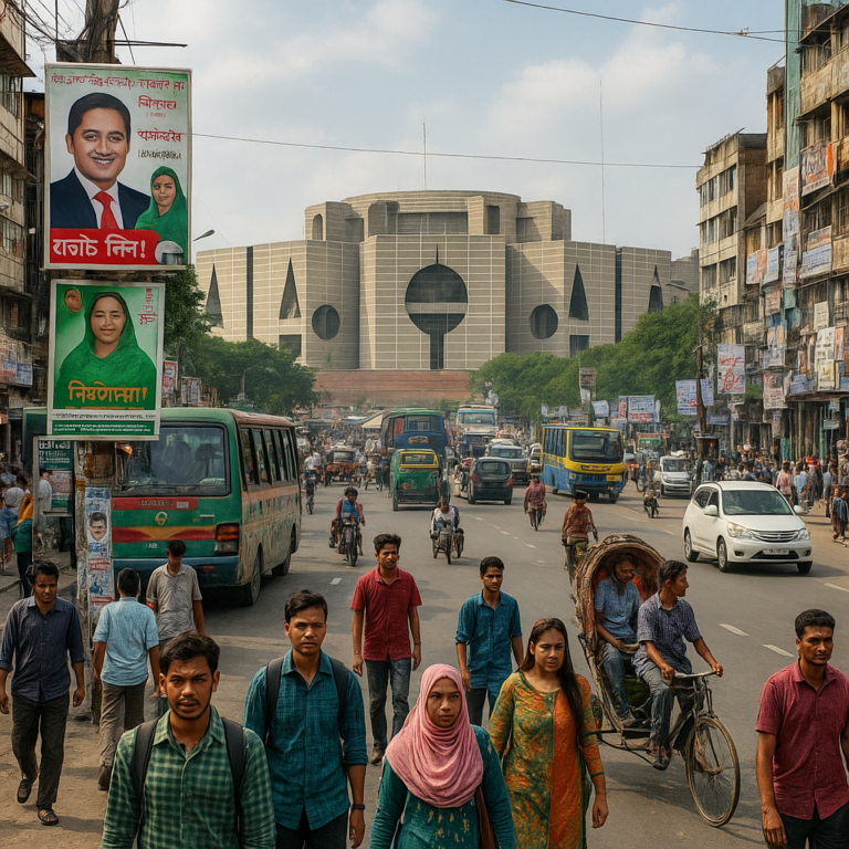 Dhaka political district with parliament building and political posters in 2026