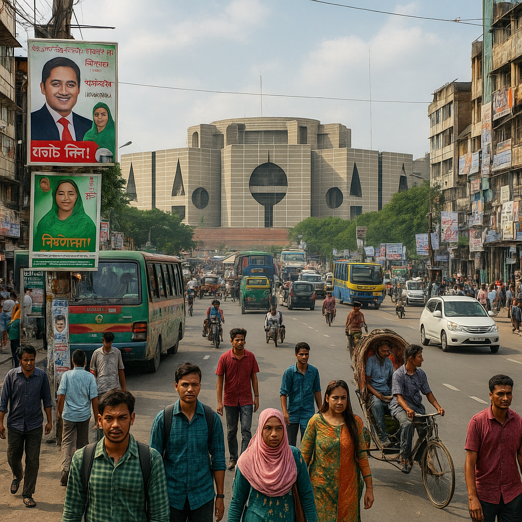 Dhaka political district with parliament building and political posters in 2026