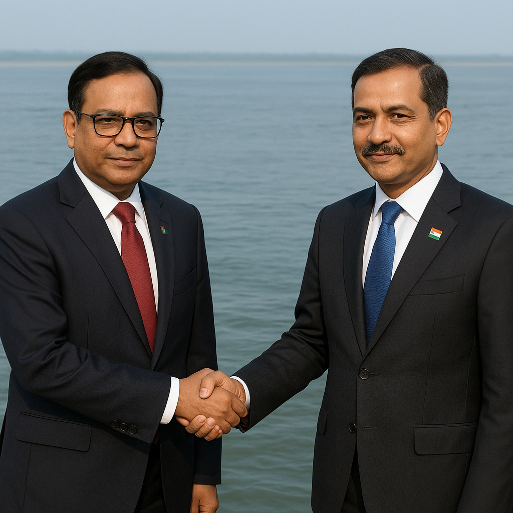 Bangladesh and India diplomats shaking hands over water negotiations