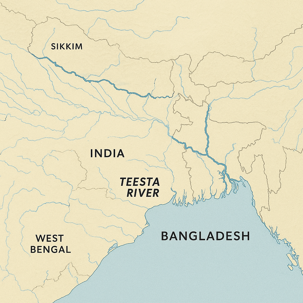 Map showing the Teesta River crossing India and Bangladesh