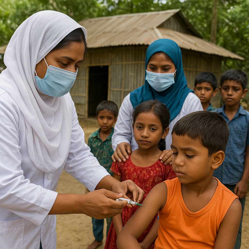 Health worker giving vaccine injection to child in Bangladesh