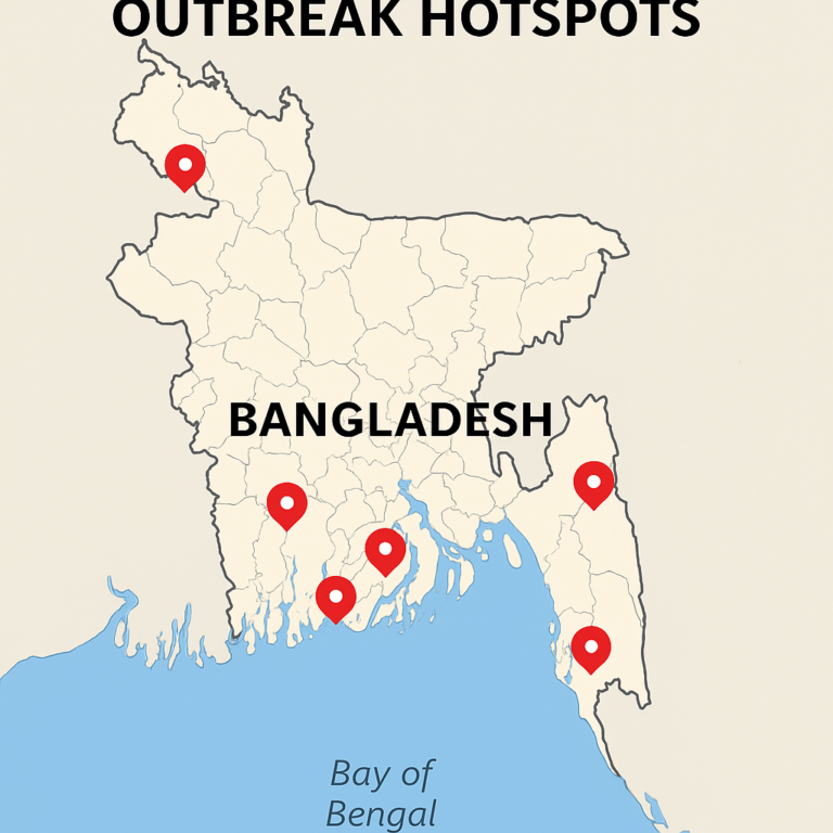 Map of Bangladesh showing areas affected by measles outbreak