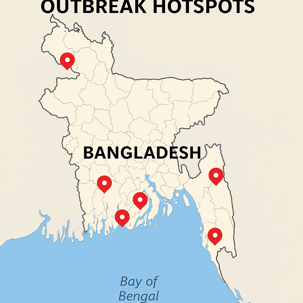 Map of Bangladesh showing areas affected by measles outbreak