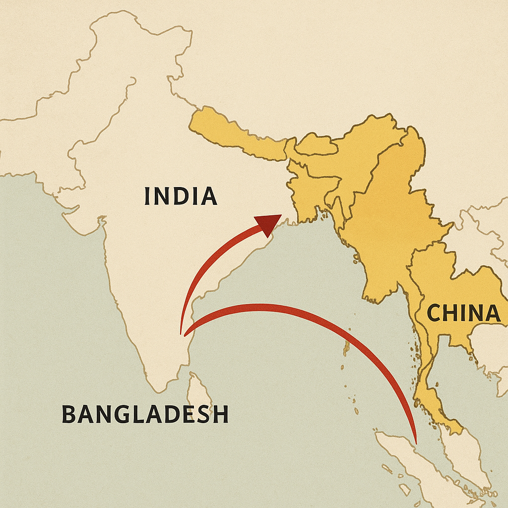 Map showing Bangladesh, India, and China with diplomatic and trade connections