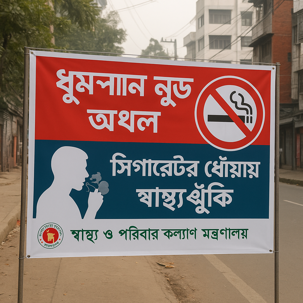 Tobacco control public awareness banner in Bangladesh urban street