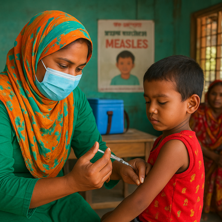 Healthcare worker administering measles vaccine to child in rural Bangladesh