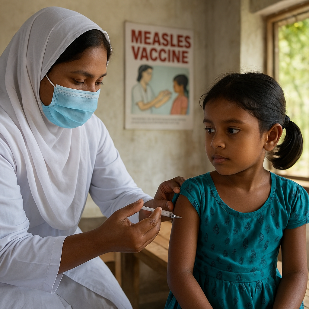 Healthcare worker giving measles vaccine to a child in rural Bangladesh clinic