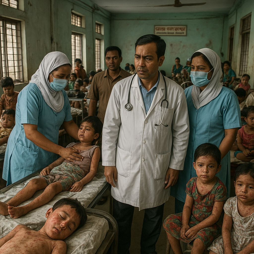 Overcrowded hospital ward with children affected by measles in Bangladesh