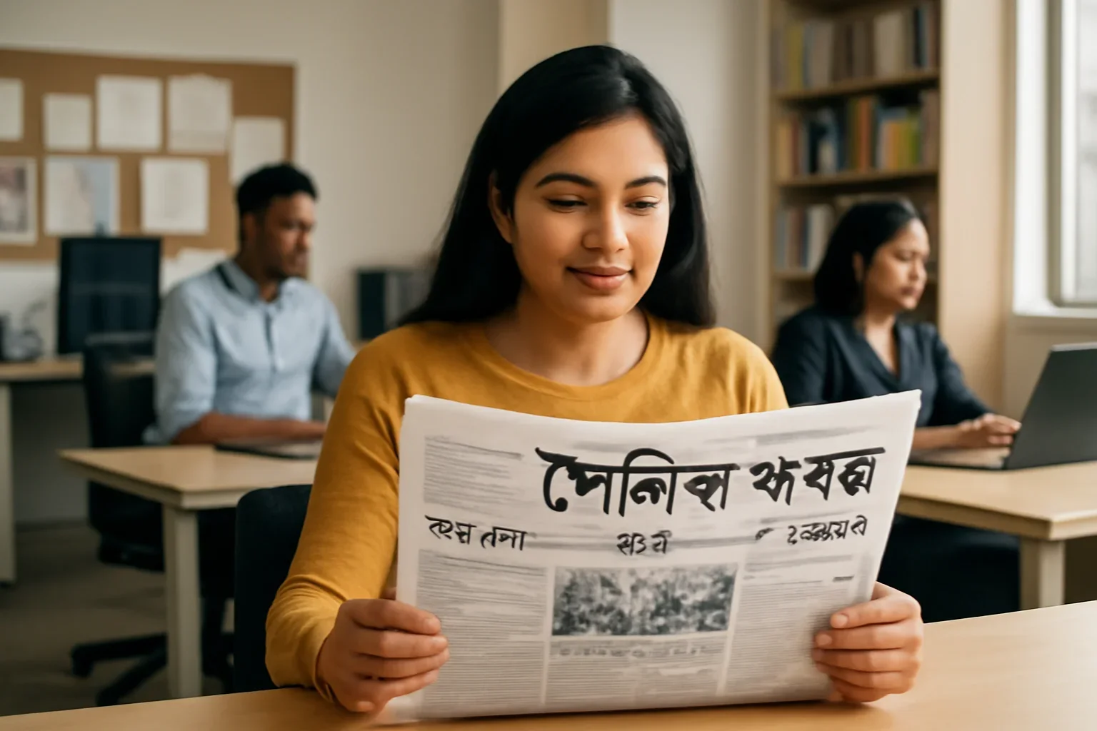 A Canada-based Bangla newspaper with room for news, argument, and community memory shown in a Canada-based Bangla newsroom setting