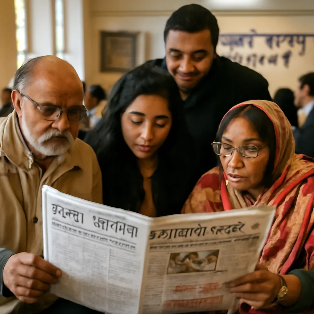 Readers and community members engaging with a canada-based bangla newspaper with room for news, argument, and community memory in Canada