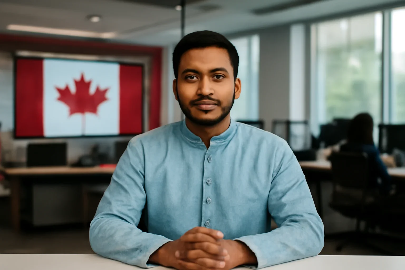 Bangladeshi Panjabi Canada shown in a Canada-based Bangla newsroom setting