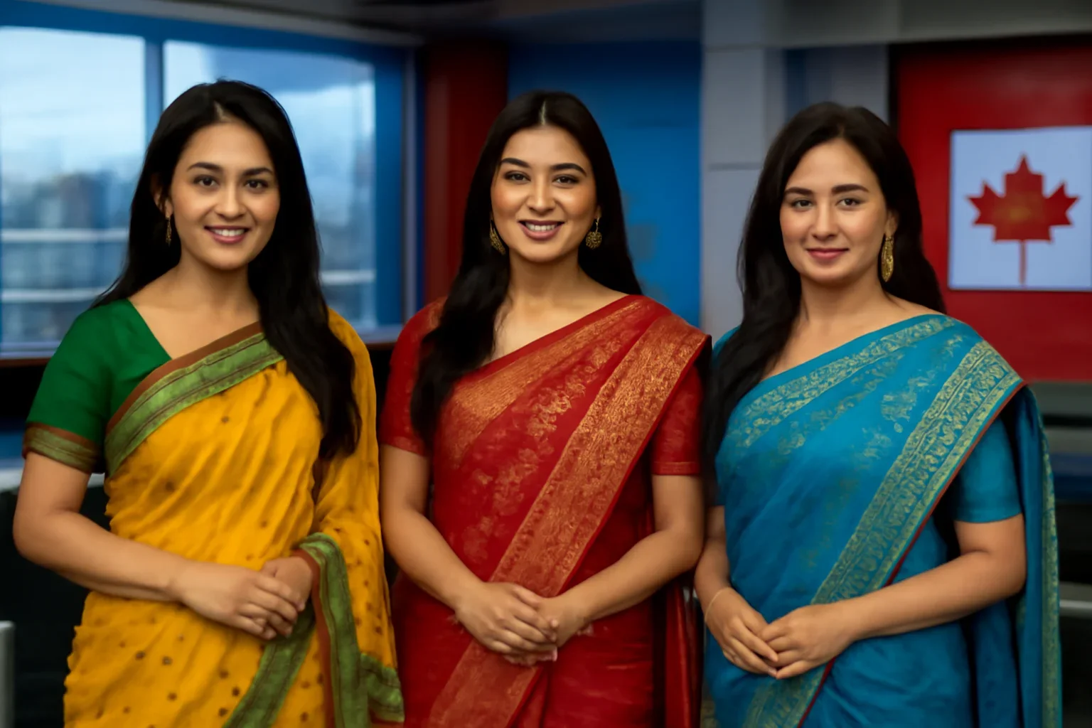 Bangladeshi Sarees Canada shown in a Canada-based Bangla newsroom setting