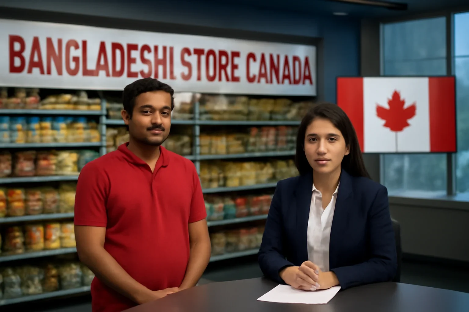 Bangladeshi Store Canada shown in a Canada-based Bangla newsroom setting