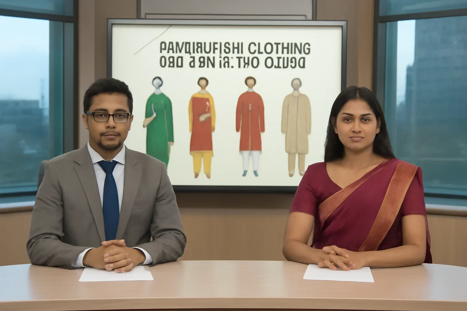Bangladeshi Clothing Size and Style Guide shown in a Canada-based Bangla newsroom setting