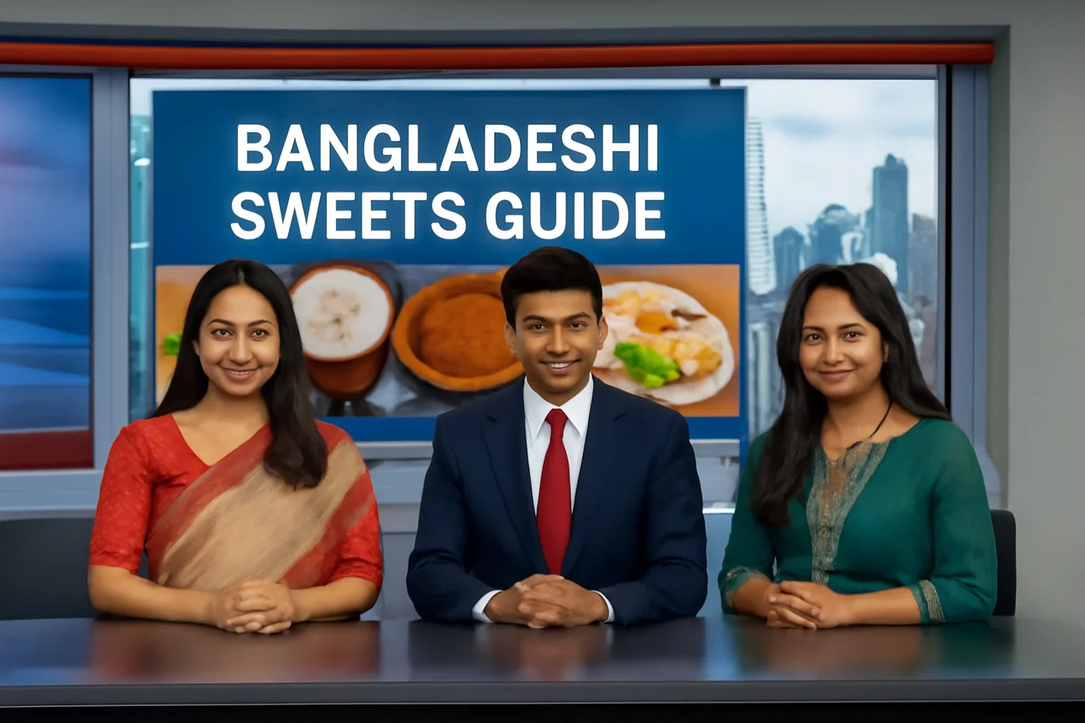 Bangladeshi Sweets Guide shown in a Canada-based Bangla newsroom setting