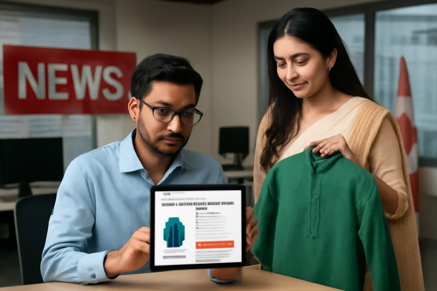 How to Buy Bangladeshi Panjabi Online shown in a Canada-based Bangla newsroom setting