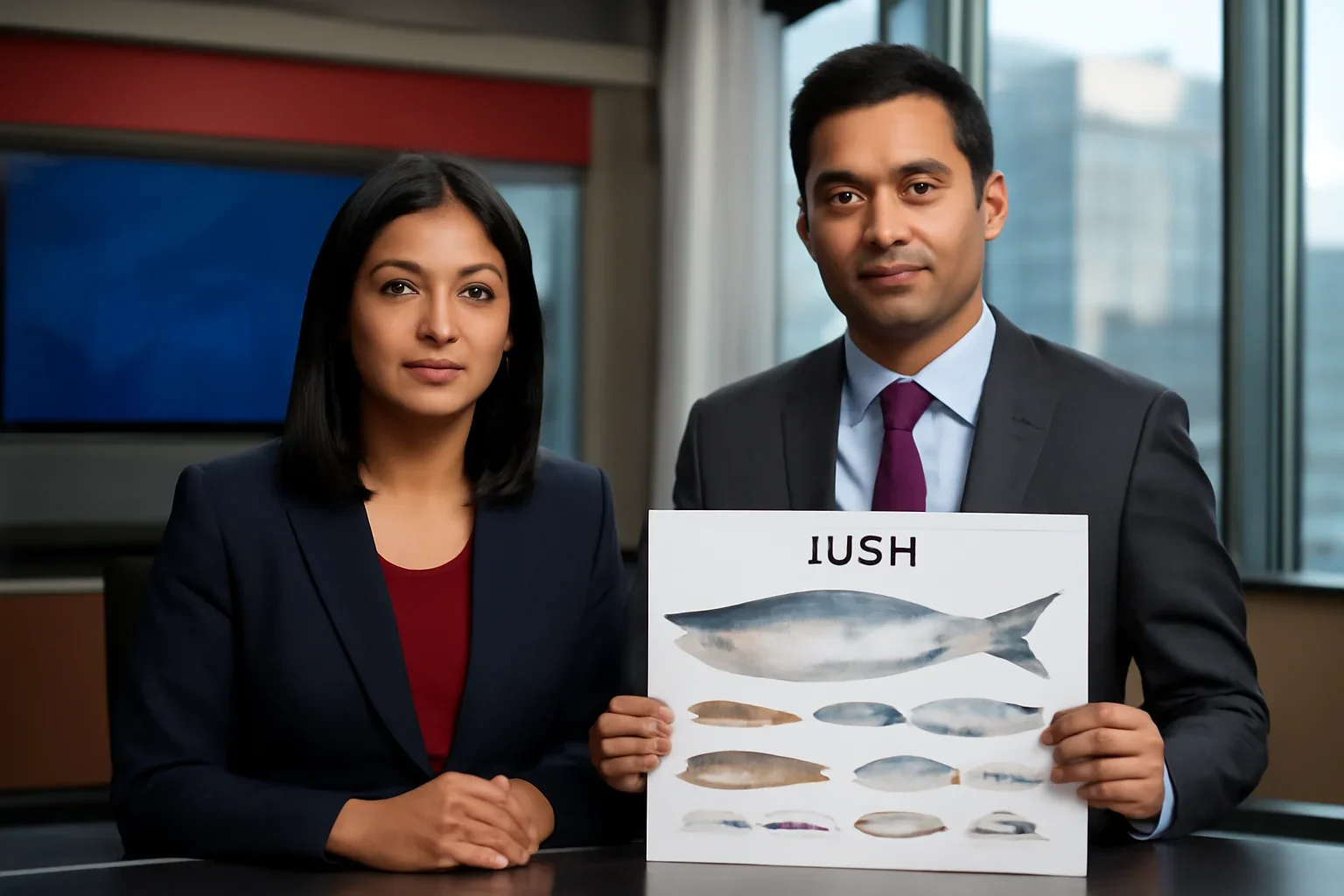 Ilish and Bangladeshi Fish Guide shown in a Canada-based Bangla newsroom setting