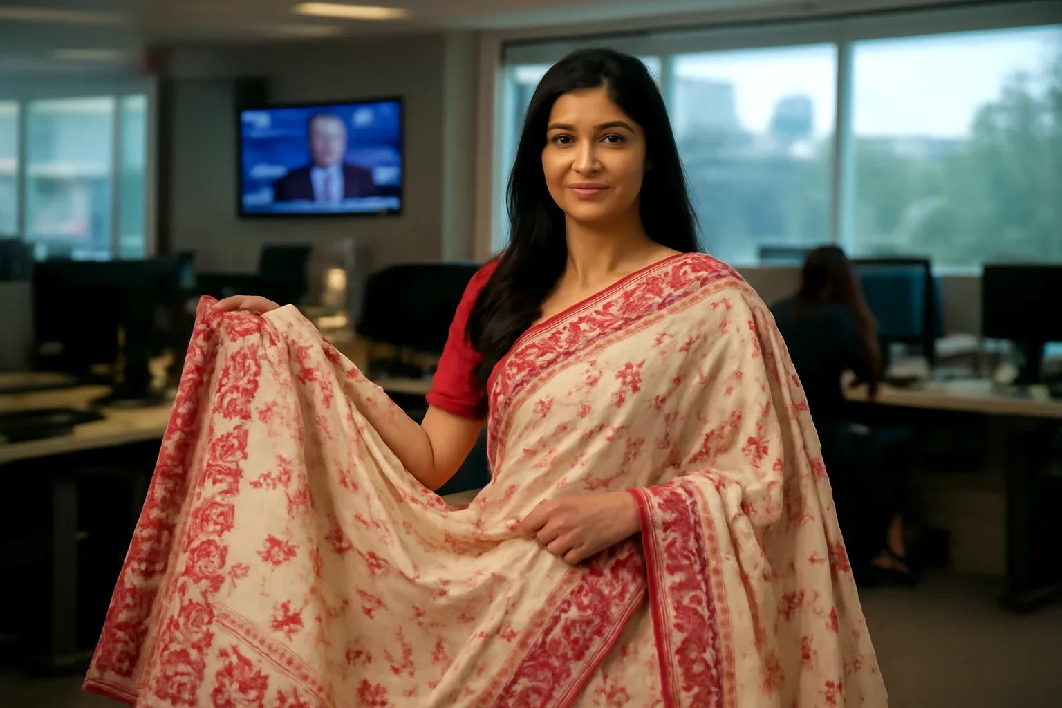 Jamdani Saree Guide shown in a Canada-based Bangla newsroom setting