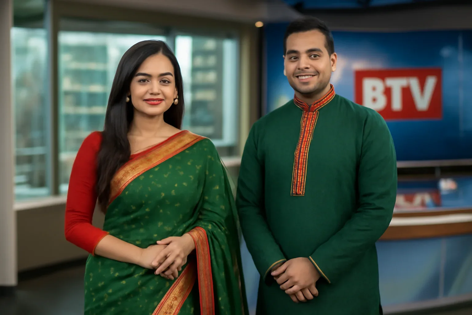 National Dress of Bangladesh shown in a Canada-based Bangla newsroom setting
