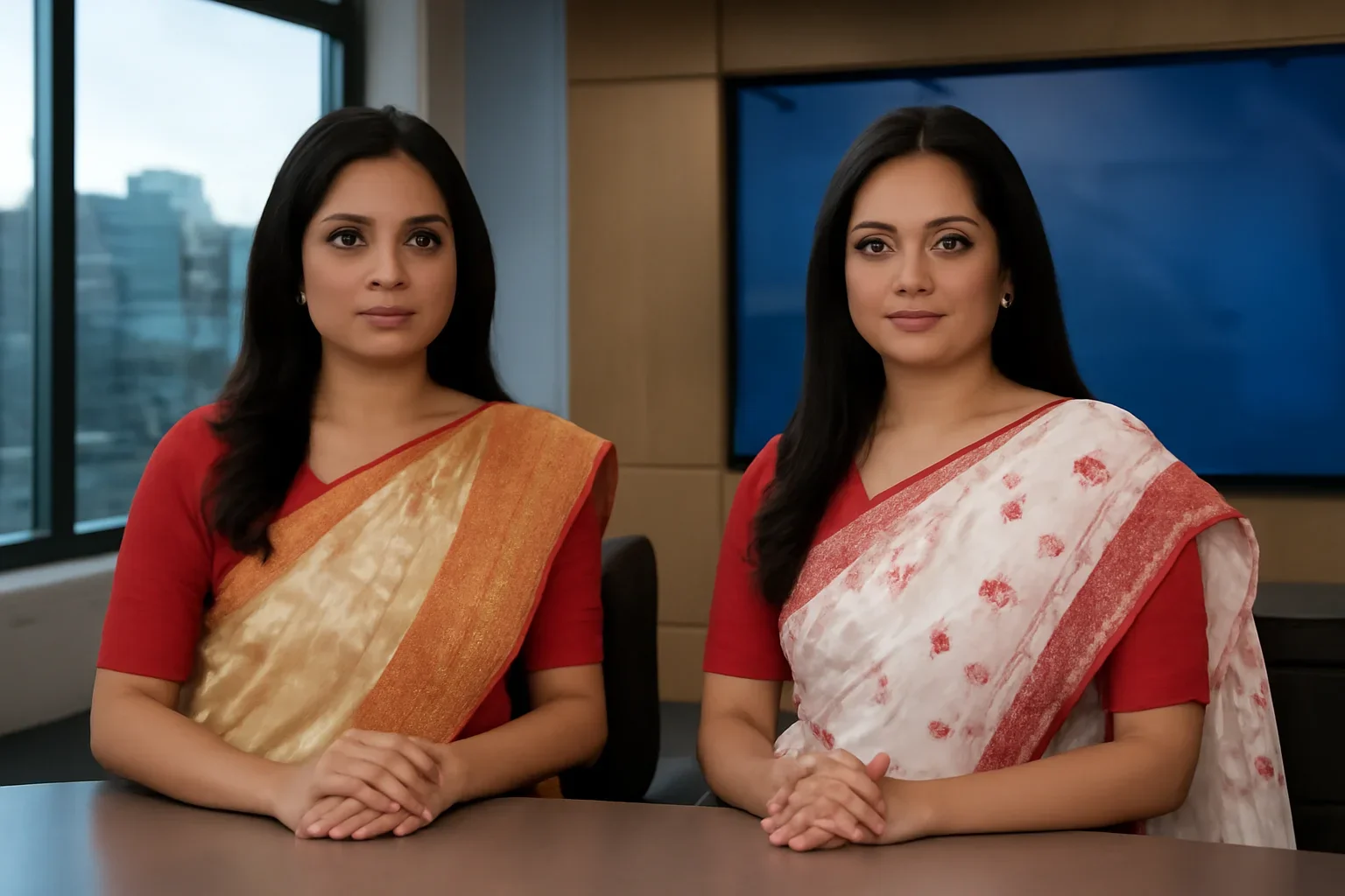Tangail vs Jamdani Sarees shown in a Canada-based Bangla newsroom setting