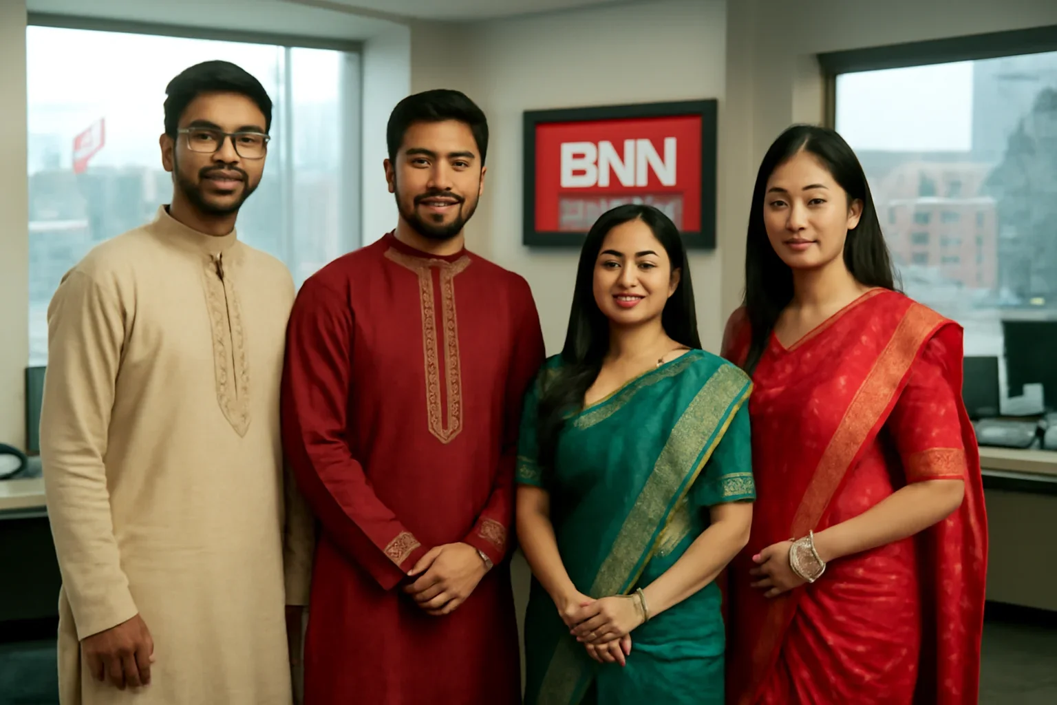 Traditional Clothing of Bangladesh shown in a Canada-based Bangla newsroom setting
