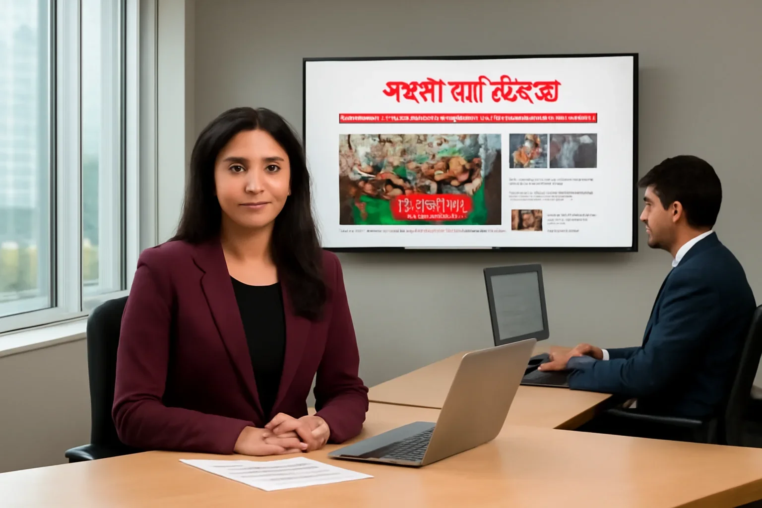 Bangla Outlet coverage shown in a Canada-based Bangla newsroom setting