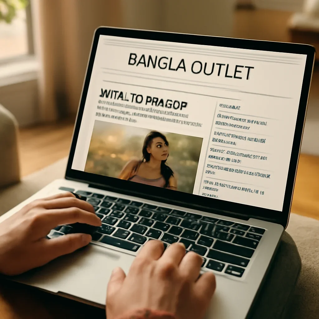 Reader opening a Bangla Outlet newsletter and archive page on a laptop