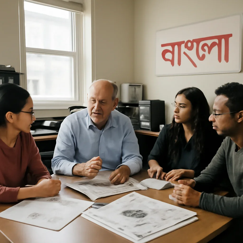Editors discussing the day’s coverage and community priorities at Bangla Outlet
