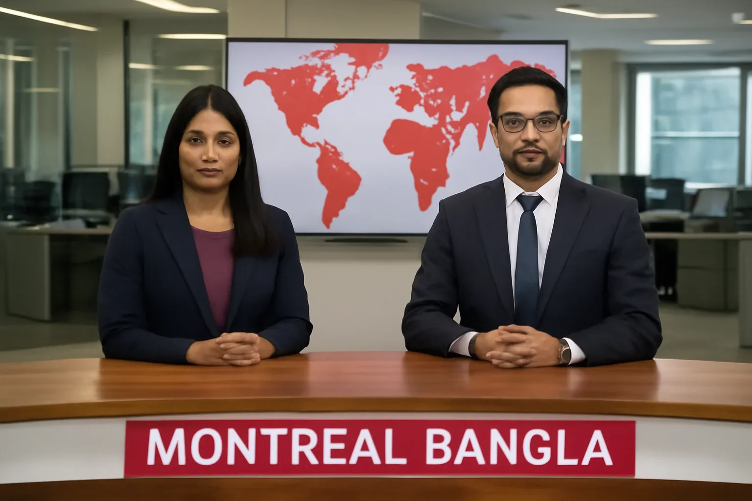 Montreal Bangla desk shown in a Canada-based Bangla newsroom setting