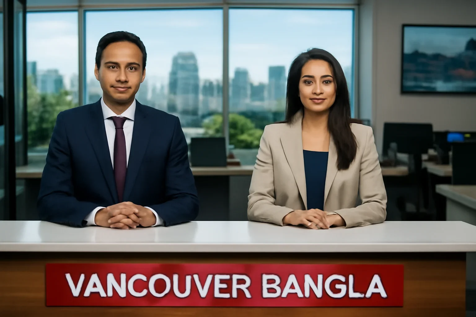 Vancouver Bangla desk shown in a Canada-based Bangla newsroom setting