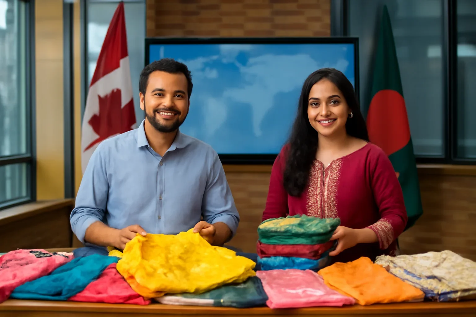 Wholesale Bangladeshi Clothing shown in a Canada-based Bangla newsroom setting