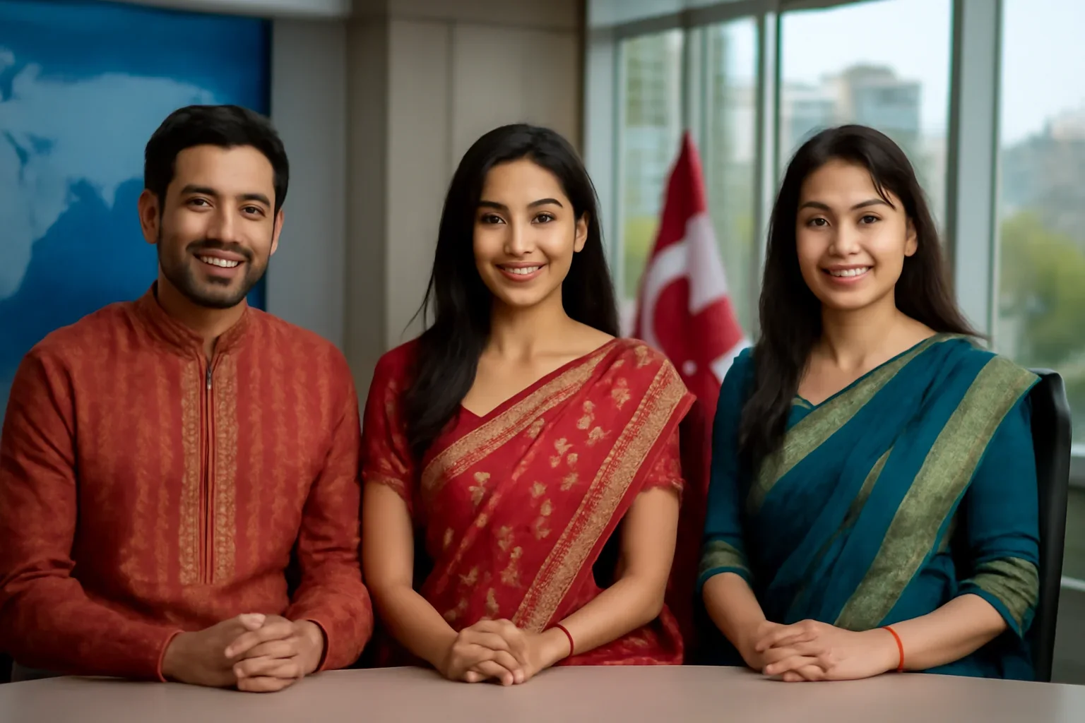 Traditional Bangladeshi Dresses Canada shown in a Canada-based Bangla newsroom setting